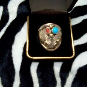 Native American Eagle Turquoise & Coral Ring